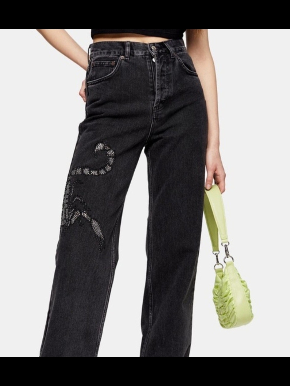 Topshop Black High-Rise Straight Jeans with Rhinestone Snake Detail